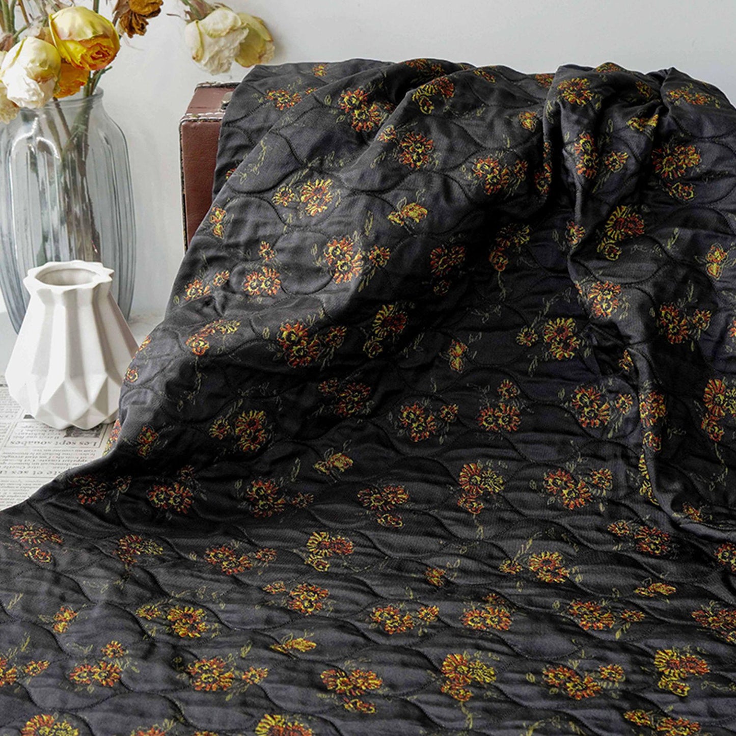 Embossed Floral Quilted Jacquard Fabric: Polyester Blend Upholstery