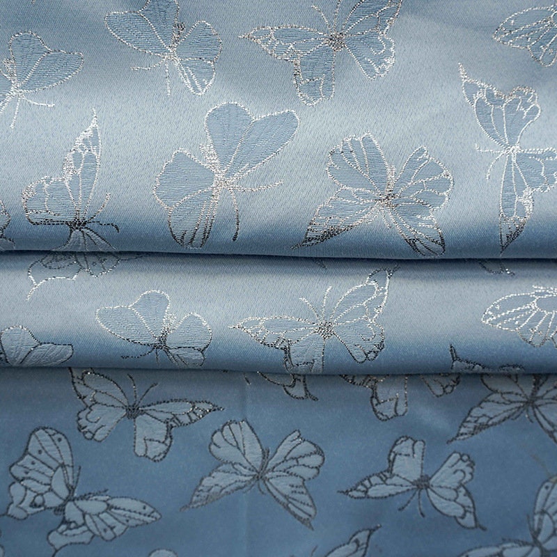 Blue Butterfly Jacquard Fabric: Silver Thread Rayon, 59" Wide