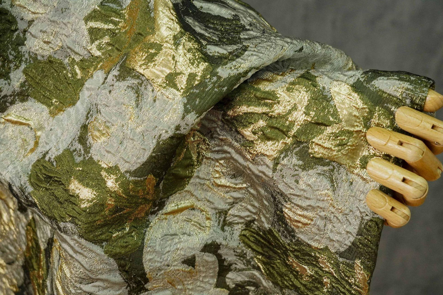 Green Jacquard Woven Fabric: 3D Gold Thread Embossed Texture, 57" Wide