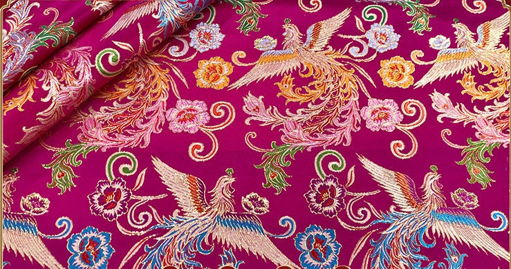 Tissu satin jacquard Phoenix Peony : brocart de soie bleu, 150 cm de large