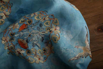 Floral Bird Print Ramie Fabric: Turquoise Ink, 57" Wide