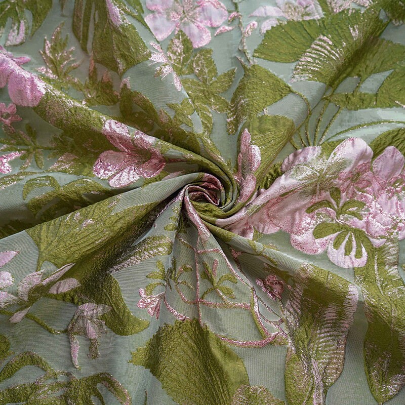 Gold Thread Floral Jacquard Fabric: Pea Green 3D Designer Fabric, 57" Wide