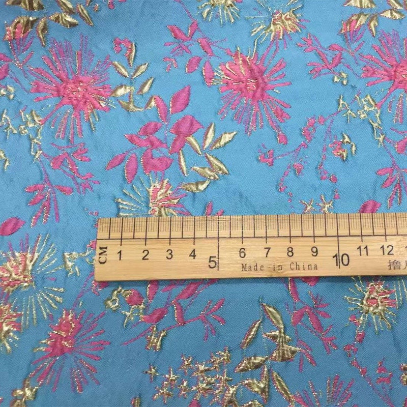 Teal Jacquard Fabric with Gold Thread: 3D Floral Upholstery, Costume, Decor