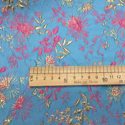 Teal Jacquard Fabric with Gold Thread: 3D Floral Upholstery, Costume, Decor