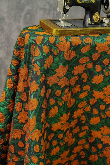 Orange Floral Jacquard Fabric: Gold Foil Upholstery & Sewing (56"W, 1 Meter)