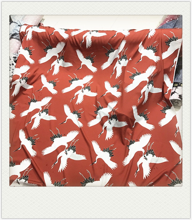 Japanese Crane Print Fabric: Polyester Kimono Dress Fabric - 1 Meter