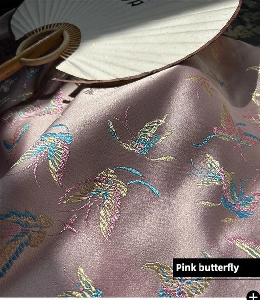 Pink Silk Brocade Fabric: Butterfly Floral Jacquard, 59"W