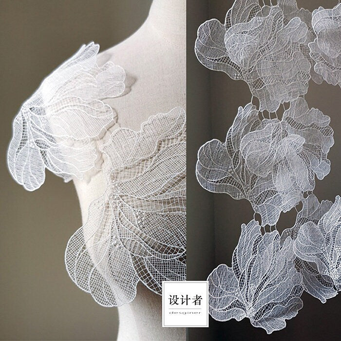 Embroidered Flower Lace Ribbon: White Palace Style Trim