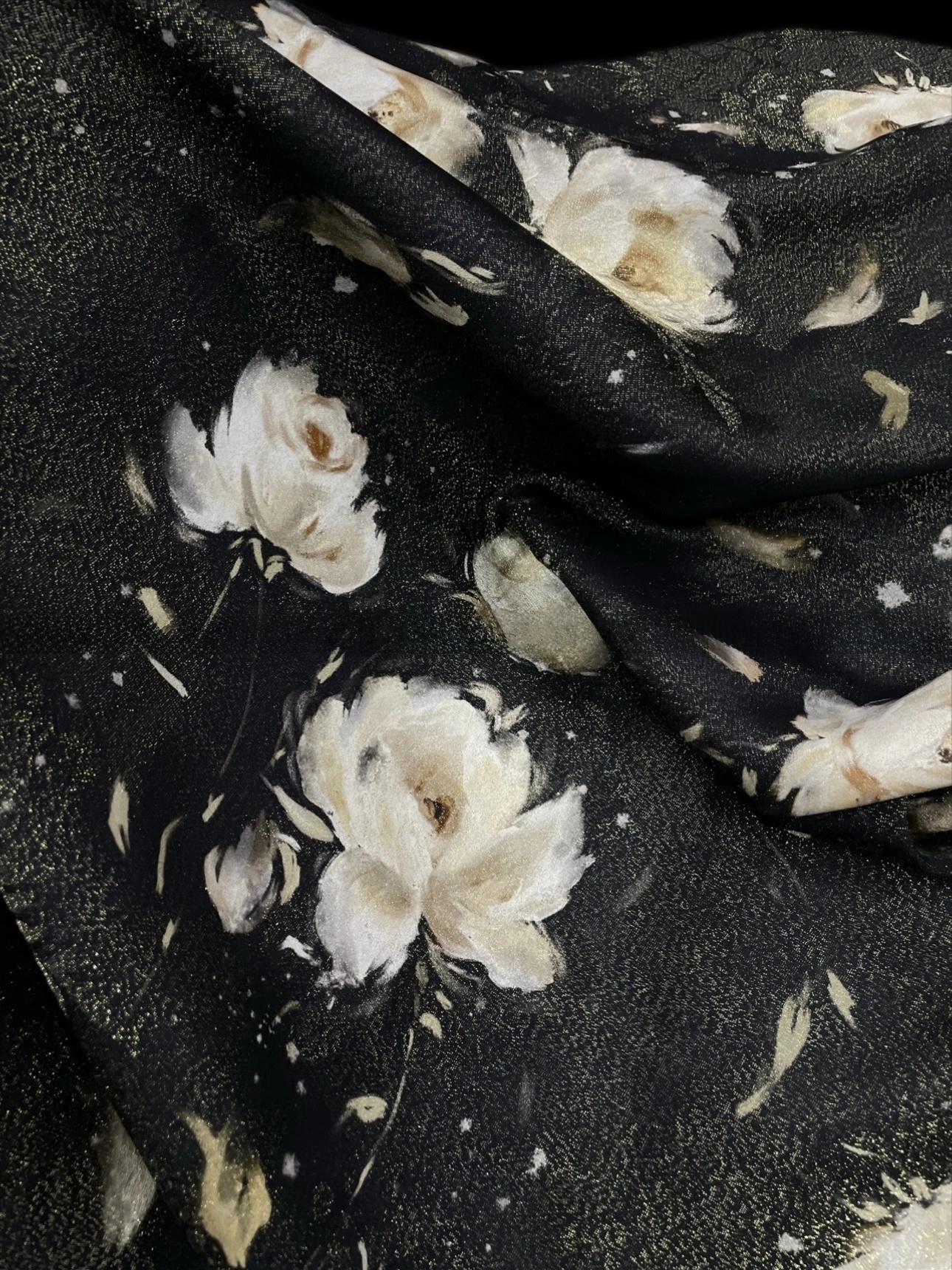 Floral Brocade Fabric: Gold Printed Viscose Jacquard for Cheongsam, Hanfu - 55"W