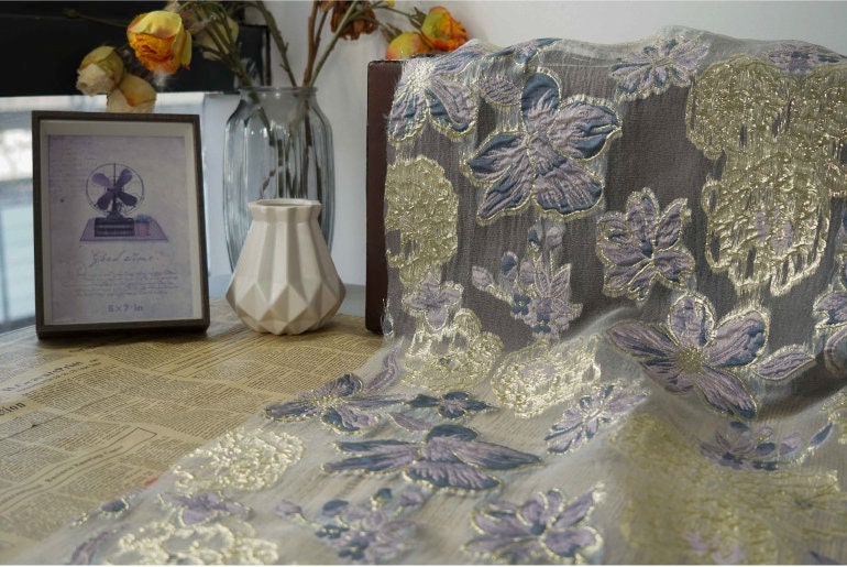 Blue & Gold Floral Organza Jacquard Fabric - 56" Wide