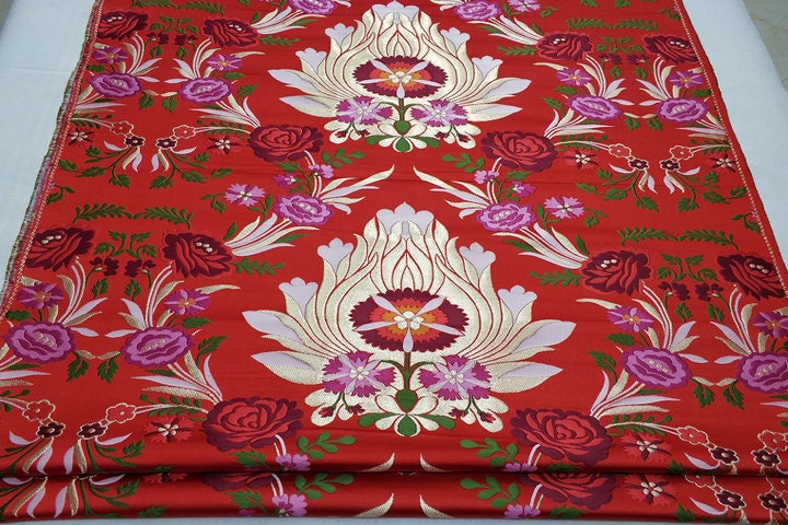 Tissu brocart de soie rouge : motif floral pivoine, 74 cm de large, tissu pour mariage