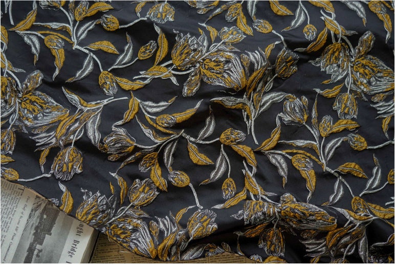 Gold Thread Jacquard Fabric: 3D Embossed Floral Woven Upholstery - 62"W
