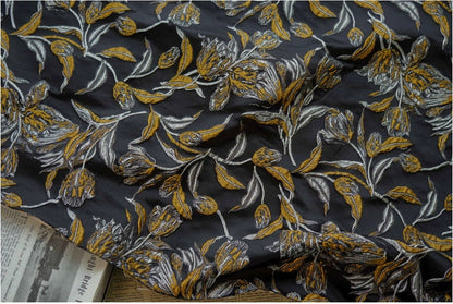 Gold Thread Jacquard Fabric: 3D Embossed Floral Woven Upholstery - 62"W