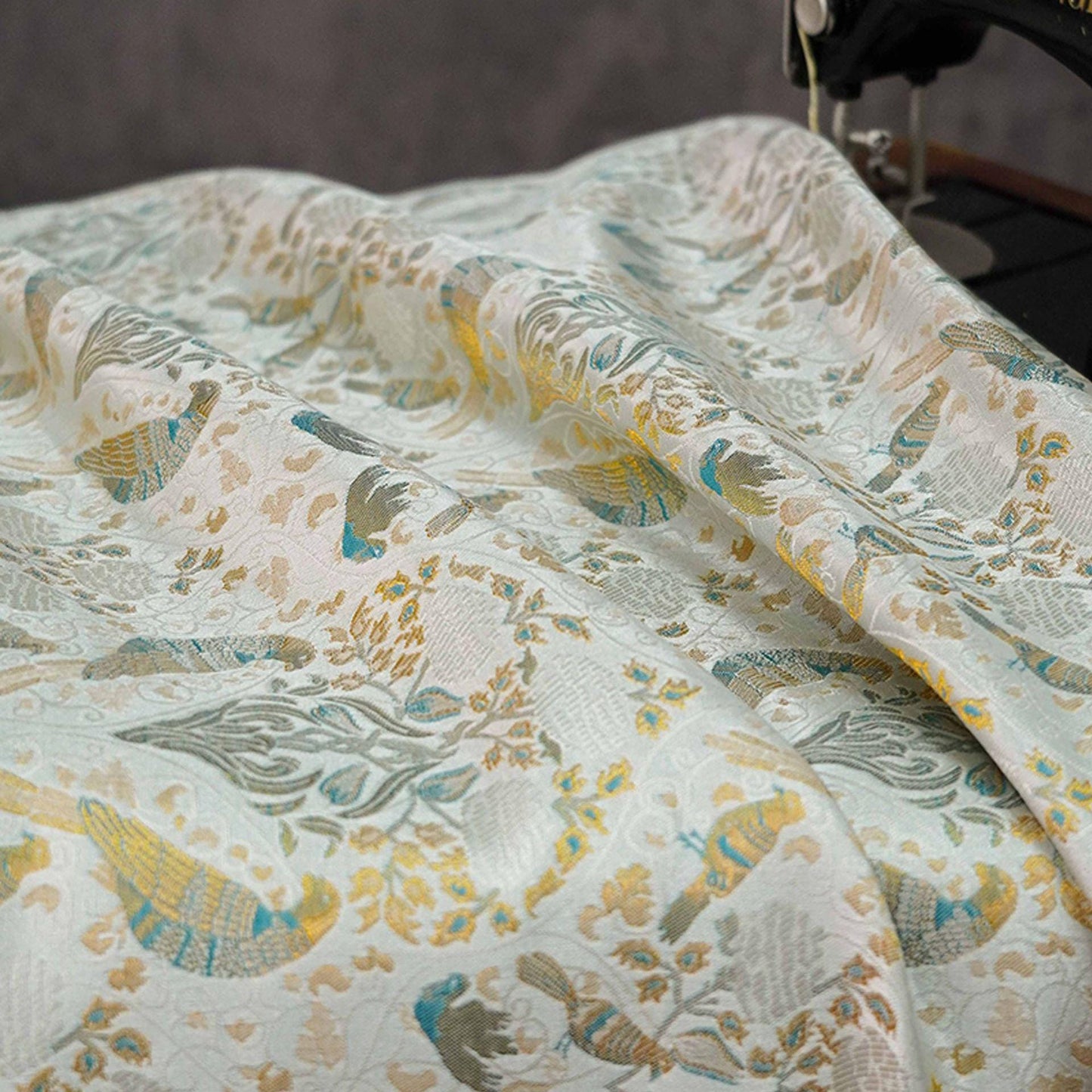 Gold Floral Bird Fabric: 58"W Rayon Blend Upholstery & Drapery
