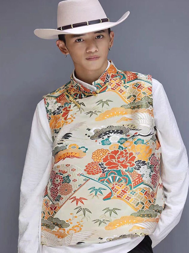 Japanese Crane Jacquard Satin Fabric: Pale Gold Bird Print, 29.5"W