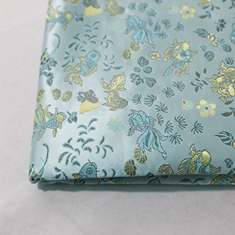 Aqua Blue Goldfish Brocade Fabric: 59"W Rayon Blend