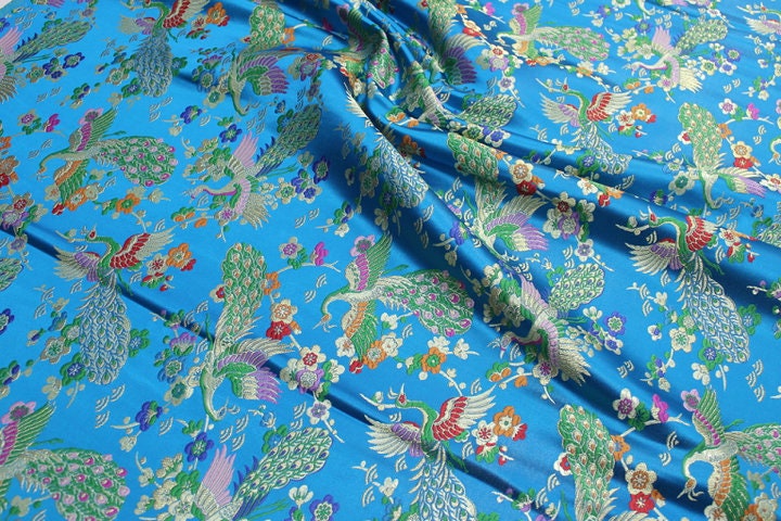 Peacock Floral Brocade Fabric: Chinese Silk Rayon Blend, 29"W