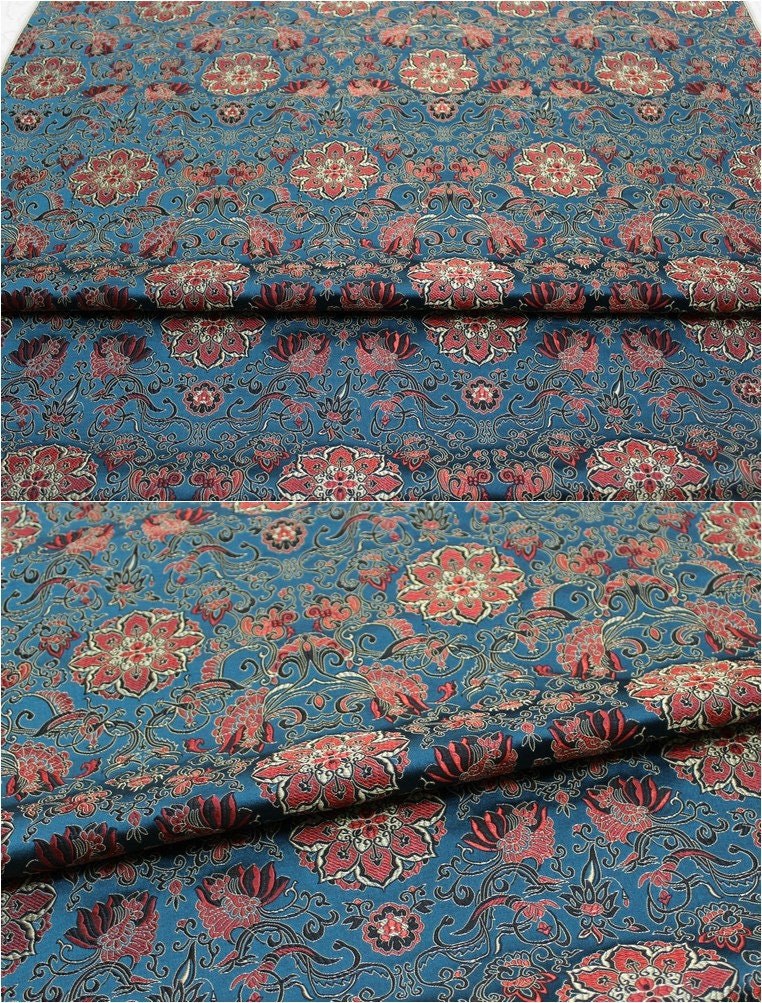 Lotus Brocade Fabric: Chinese Embroidery Silk Rayon Blend (29.5" Wide)