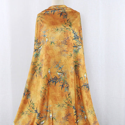 Bird & Tree Print Tea Silk Satin Fabric - 59"W Sewing Material