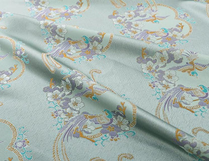 Tissu de kimono Nishijin bleu aqua : brocart floral à fils d'or (59"L)