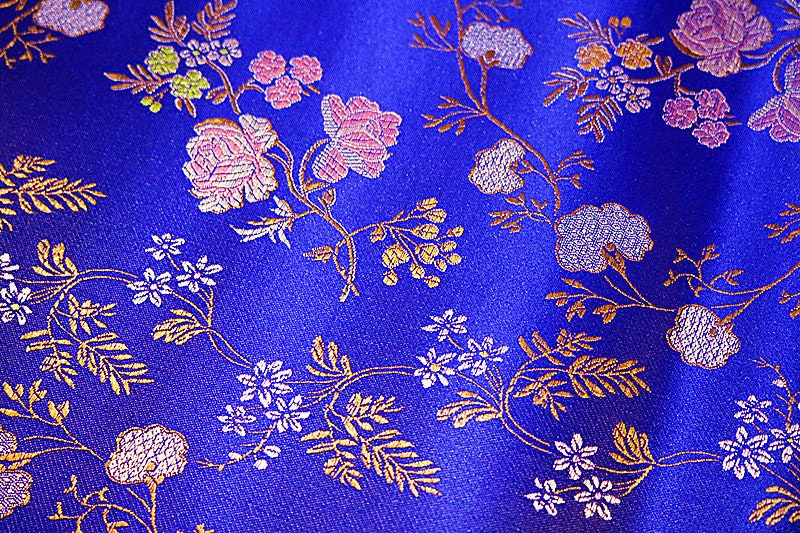 Floral Silk Brocade Fabric: Royal Blue & Purple Cheongsam Qipao (35"W)