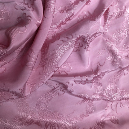 Tissu satin damassé jacquard à motif dragon et phénix rose - 150 cm de large