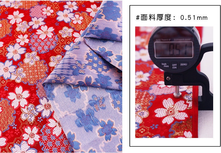 Japanese Cherry Blossom Jacquard Brocade Fabric: Red & Gold Silk Rayon Blend