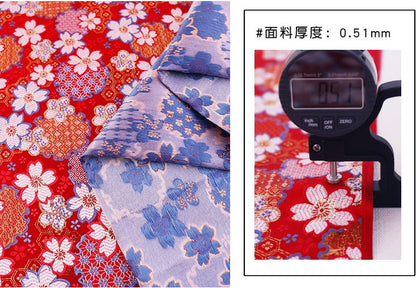 Japanese Cherry Blossom Jacquard Brocade Fabric: Red & Gold Silk Rayon Blend