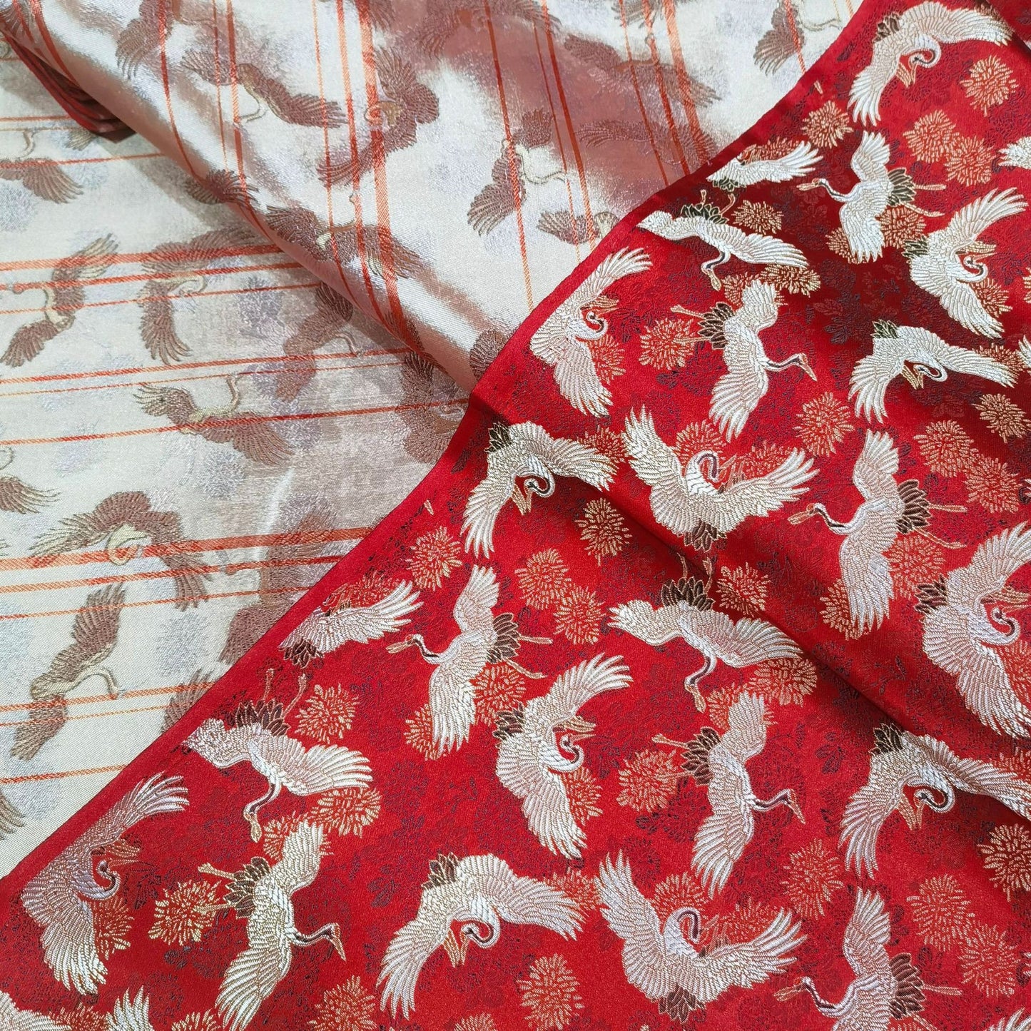 Red Crane Jacquard Satin Fabric: Antique Cheongsam Sewing Fabric