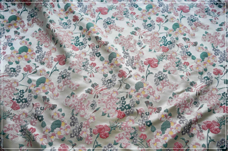 Beige Floral Jacquard Fabric: Reversible Embossed Woven Material, 62"W