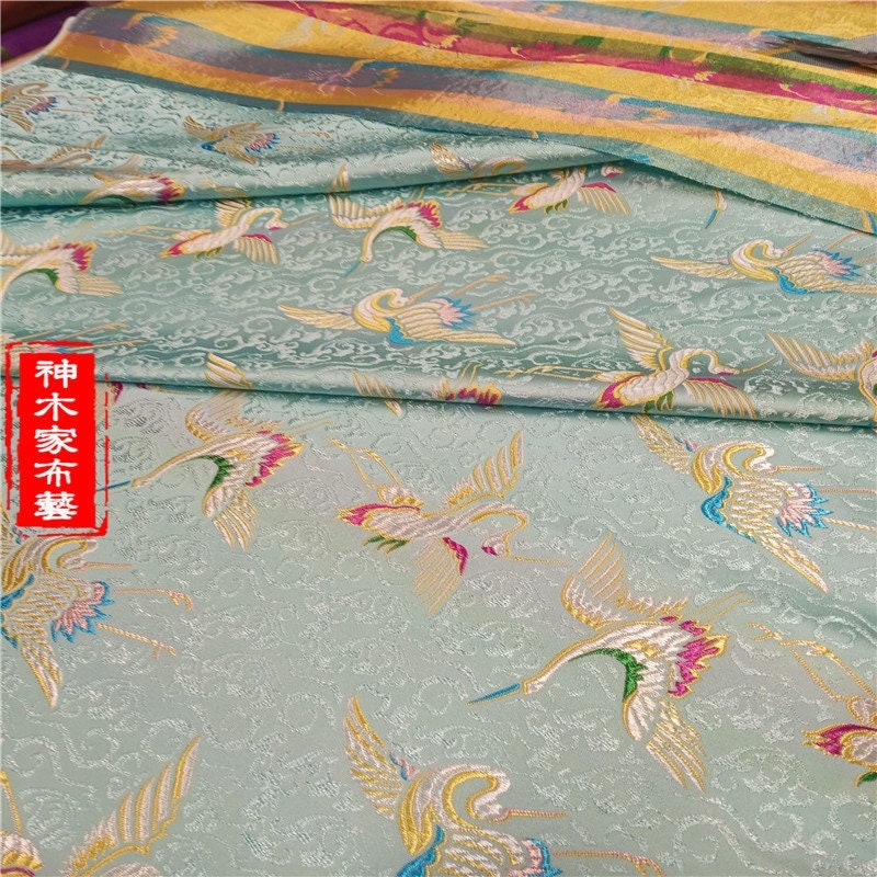 Crane Brocade Fabric: Colorful Silk Rayon Blend, Cheongsam Qipao Material