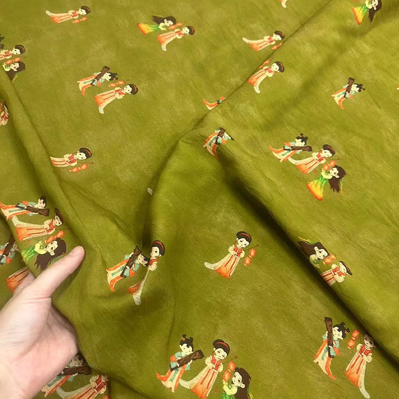 Avocado Green Tencel Ramie Fabric: Oriental Maid Print, Sewing Material