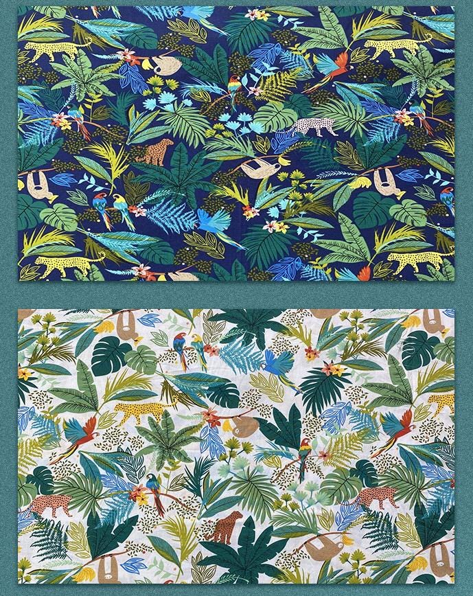 Tissu en coton tropical : imprimé paresseux, léopard, perroquet (58" de large)