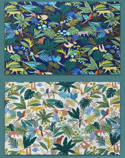 Tissu en coton tropical : imprimé paresseux, léopard, perroquet (58" de large)