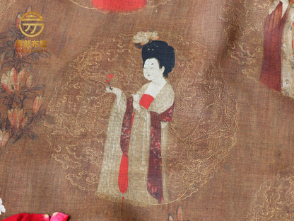 Tang Dynasty Linen Fabric: Ladies with Hairpins Print, 55" Wide