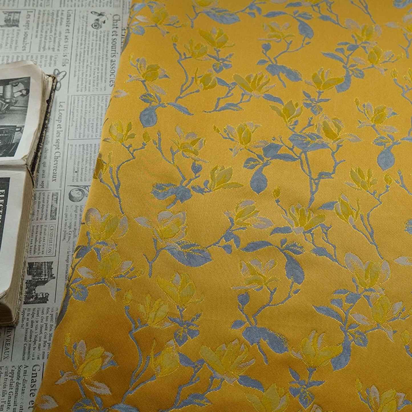 Yellow Magnolia Double-Sided Jacquard Upholstery Fabric ��� Elegant Home Decor Material by the Ya"Wide
