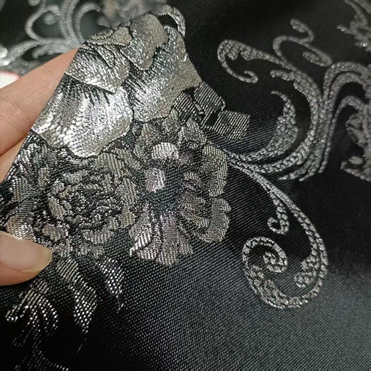 Black Jacquard Brocade Fabric: White Shimmer Floral Embossed, 59" Wide
