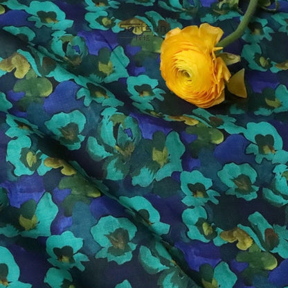 Floral Ramie Fabric: Blue Purple Oil Painting Print, 57" Wide