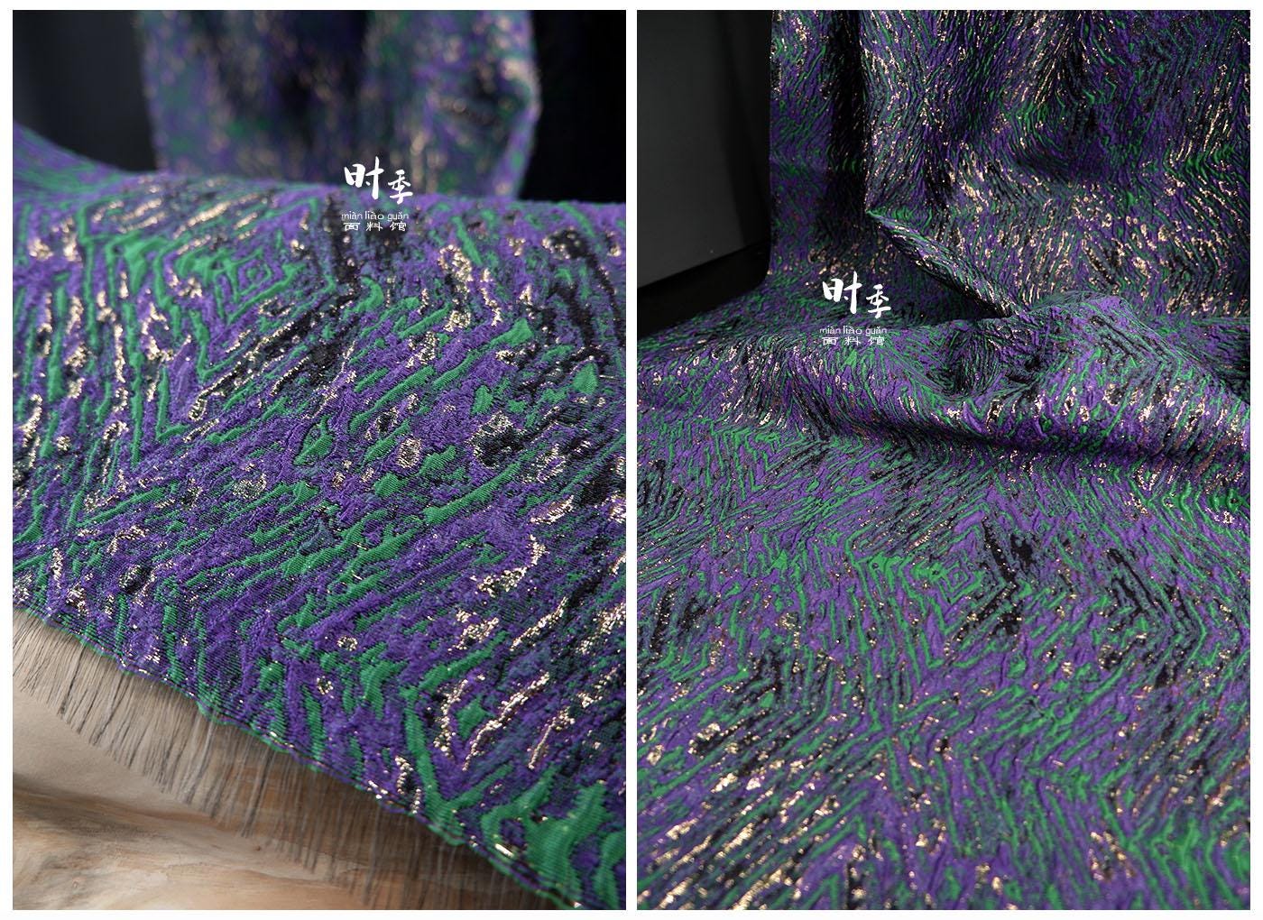 Gold Thread Jacquard Fabric: Green & Purple 3D Designer Fabric - 55"W