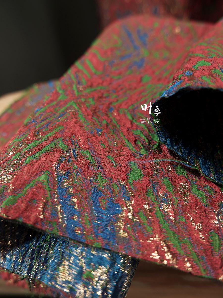 Gold Thread Jacquard Fabric: Red Blue 3D Designer Fabric (55"W By 1 Meter)