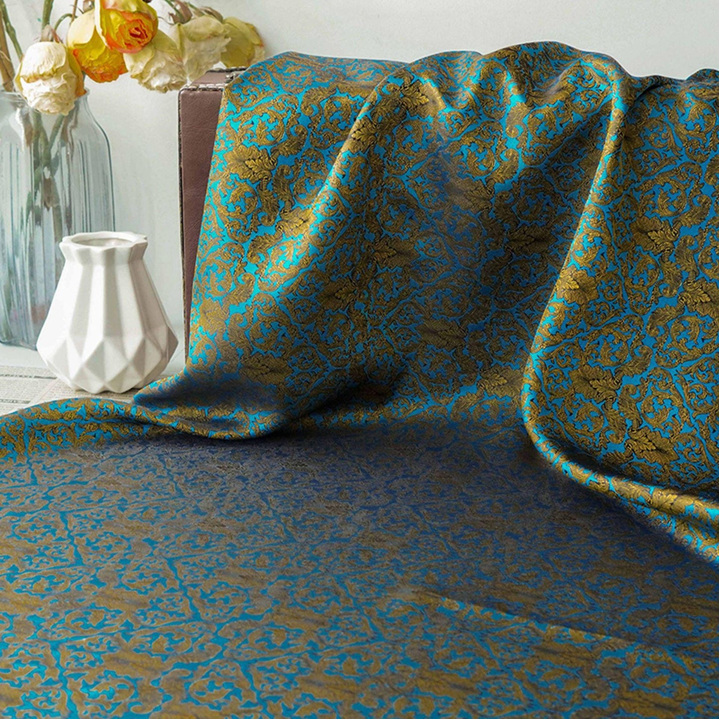 Blue & Gold Floral Jacquard Fabric: European Palace Style, 59" Wide