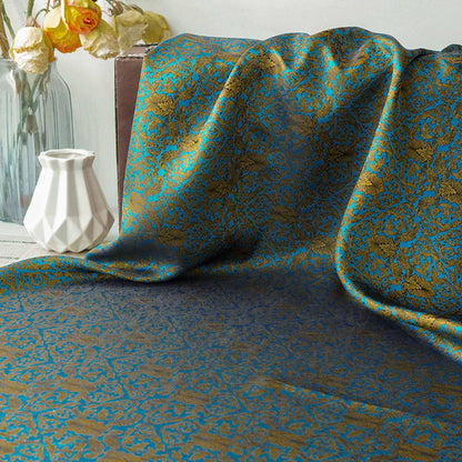 Blue & Gold Floral Jacquard Fabric: European Palace Style, 59" Wide