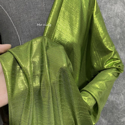 Apple Green Shiny Stretch Metal Fabric: 59" Wide, Stiff Texture