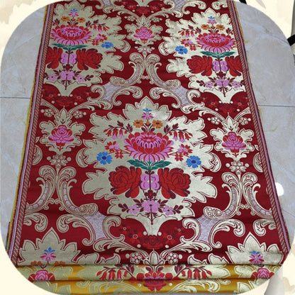 Tissu brocart de soie rouge : motif floral pivoine, 74 cm de large