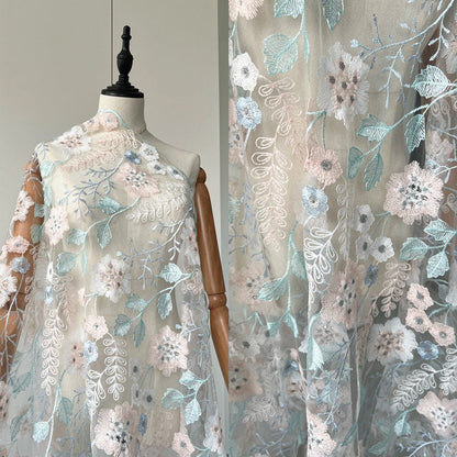 Floral Embroidery Lace Fabric: 3D Flower Polyester Sewing Fabric (59"W)
