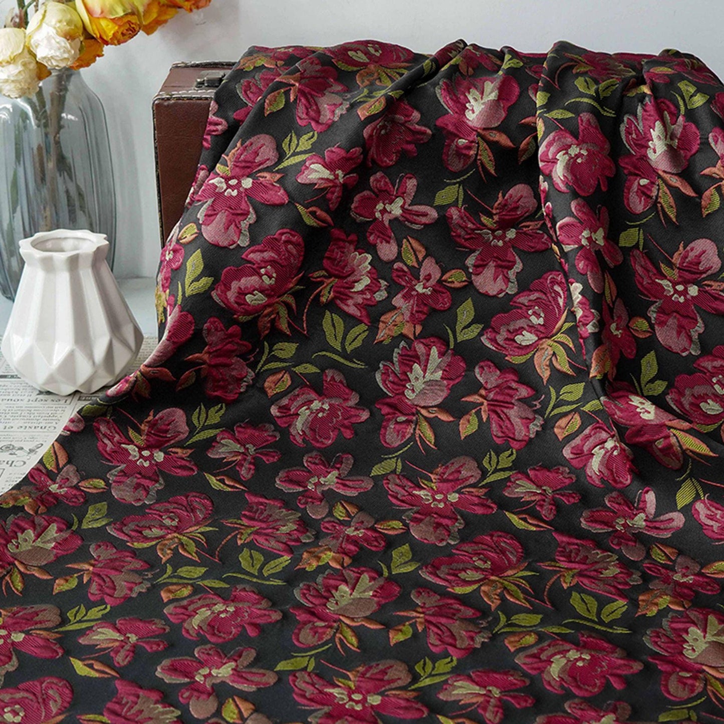 Embossed Floral Jacquard Fabric ��� Black & Pi" Wide