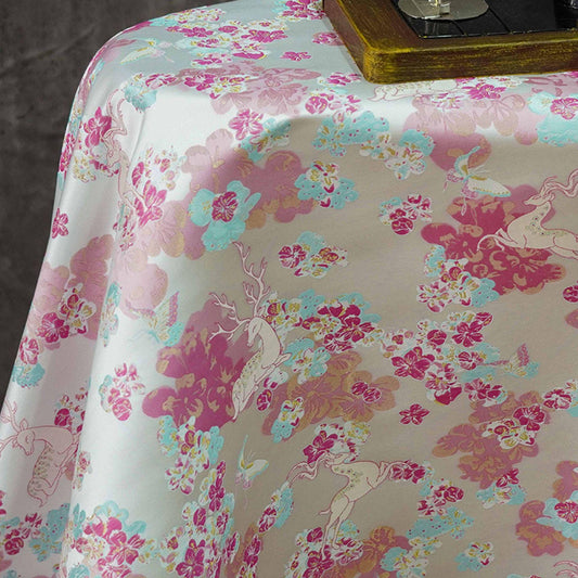 White Deer Jacquard Fabric: Gold Thread Embossed Upholstery, 65"W