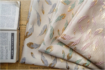 Gold Thread Jacquard Fabric: 3D Feather Design, 56" Wide