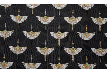 Tissu brocart japonais Nishijin : soie jacquard à motif de grues noires, 150 cm de large