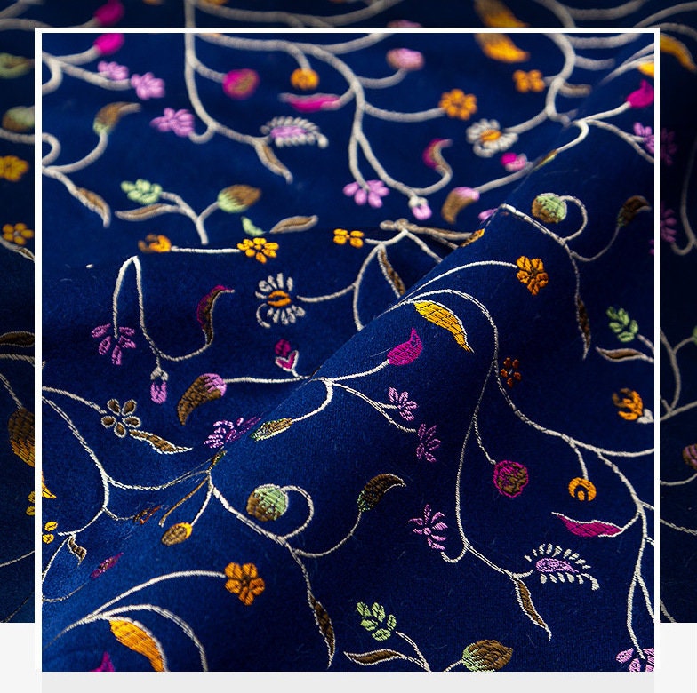 Floral Brocade Fabric: Red, Black & Navy Pepper Flower Jacquard (By The Meter)